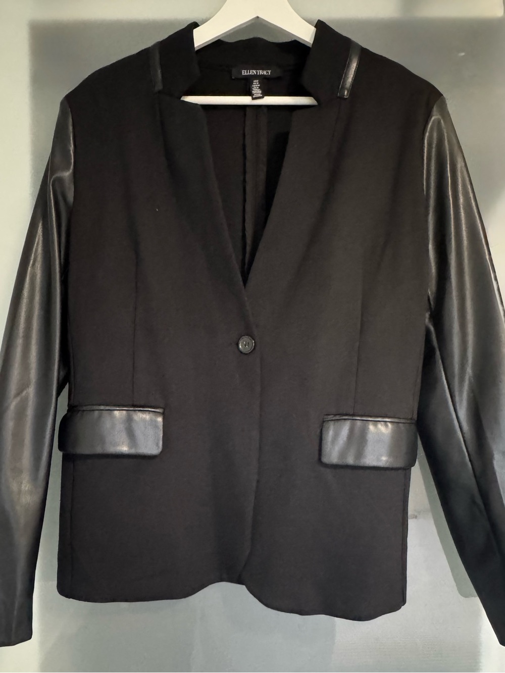 Ellen Tracy Black Blazer with Faux-Leather Sleeves